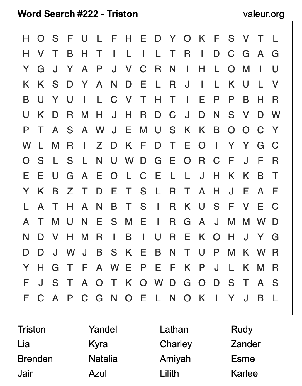 Word Search Puzzle with the name Triston #222