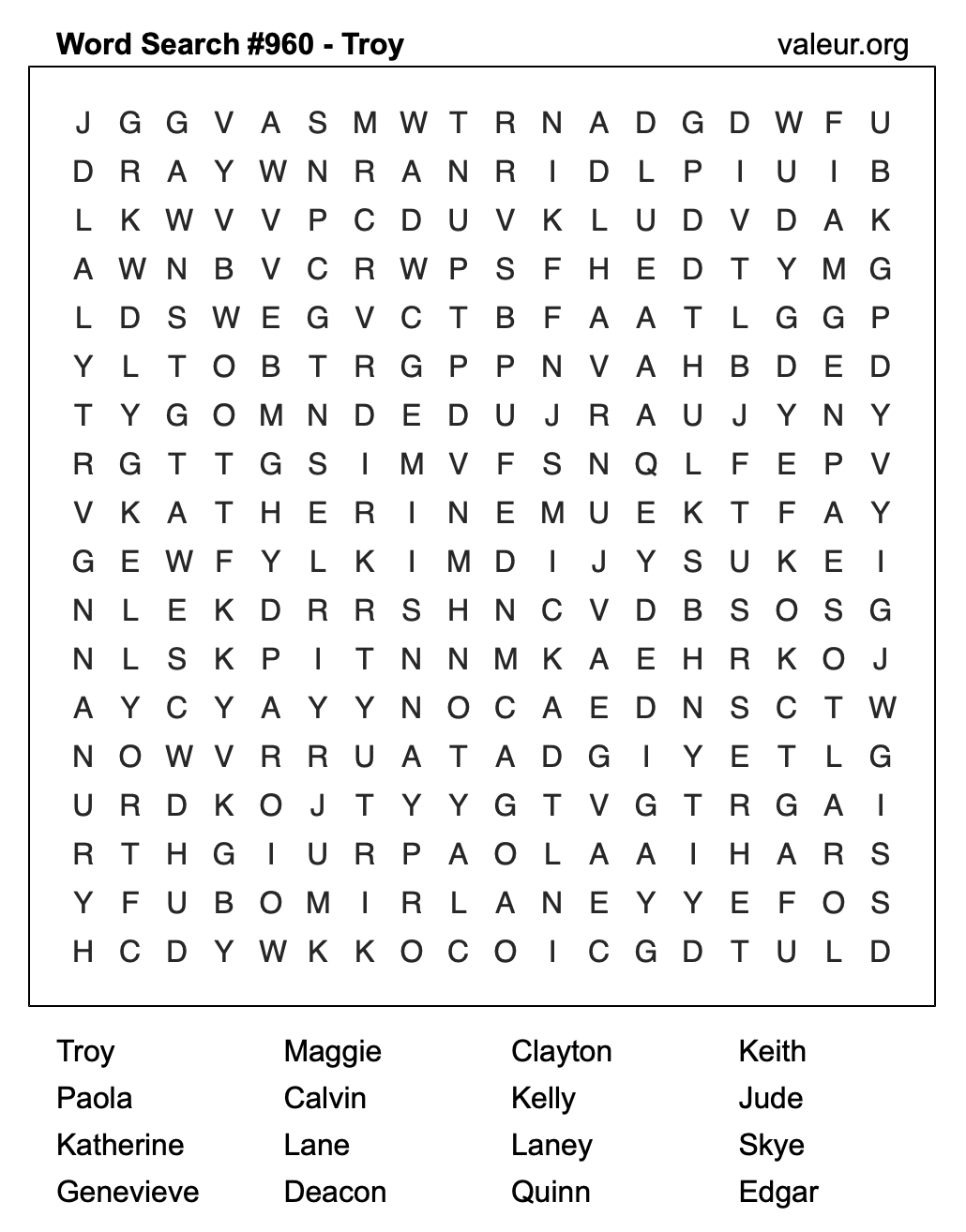 Word Search Puzzle with the name Troy #960 Word Search Puzzle with the name Troy #960