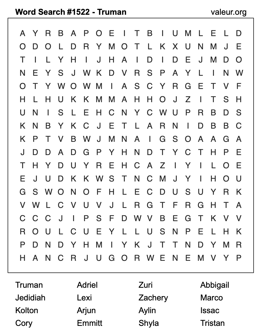 Word Search Puzzle with the name Truman #1522 Word Search Puzzle with the name Truman #1522
