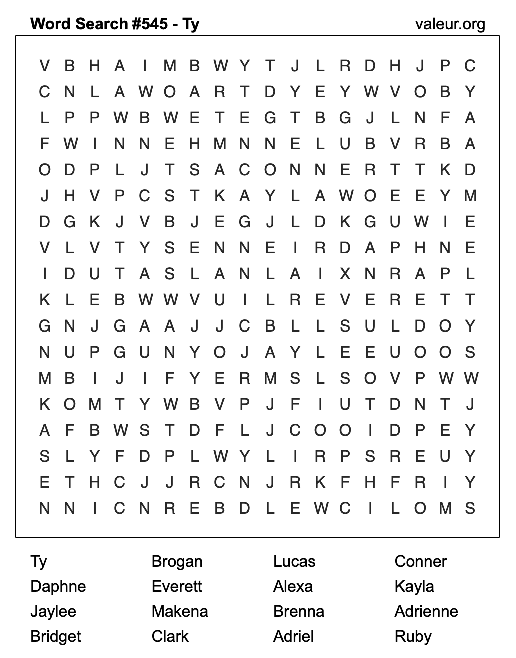 Word Search Puzzle with the name Ty #545