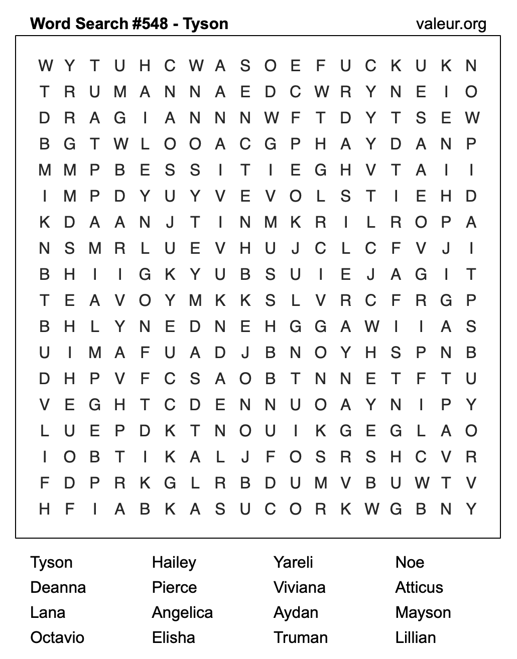 Word Search Puzzle with the name Tyson #548