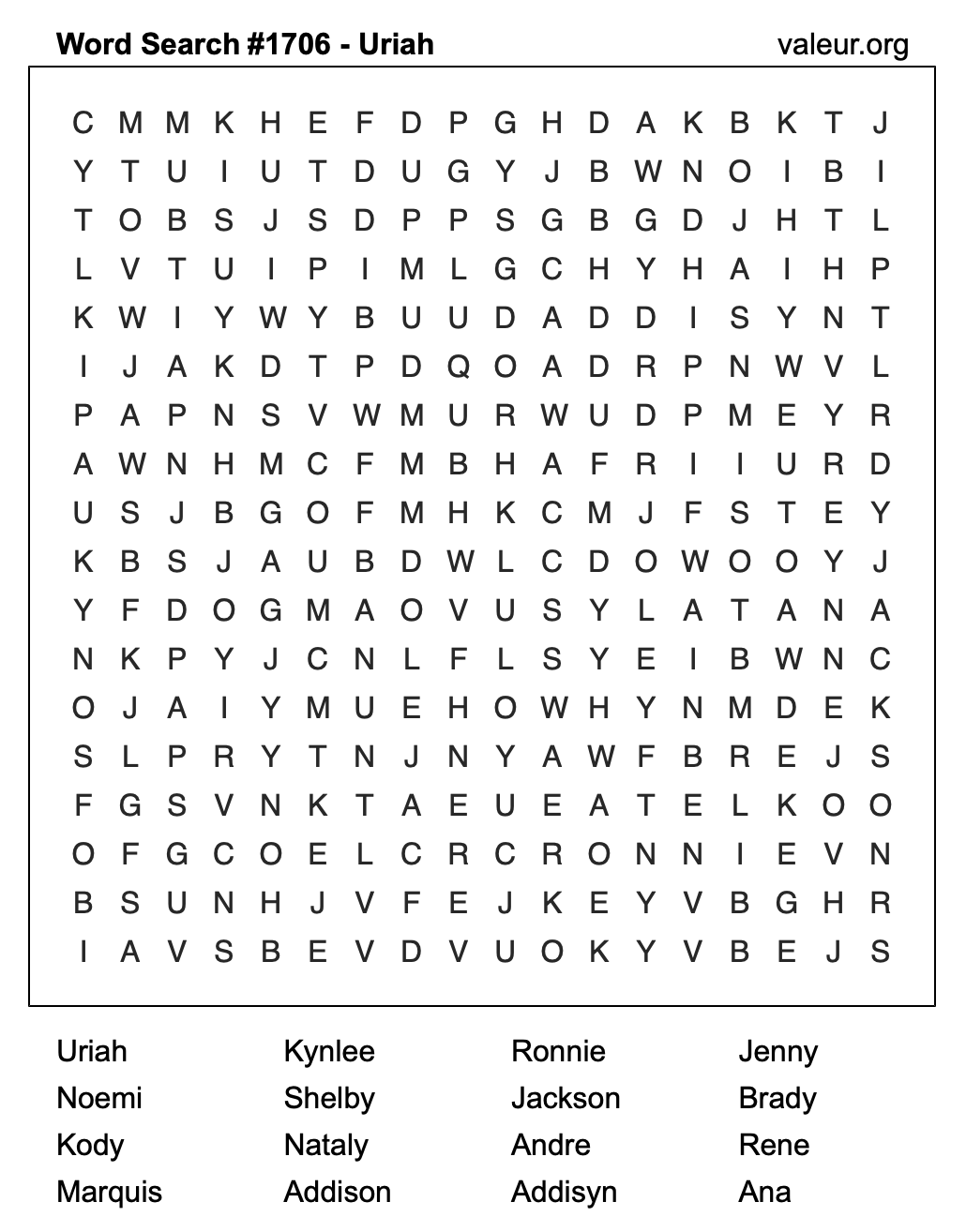 Word Search Puzzle with the name Uriah #1706