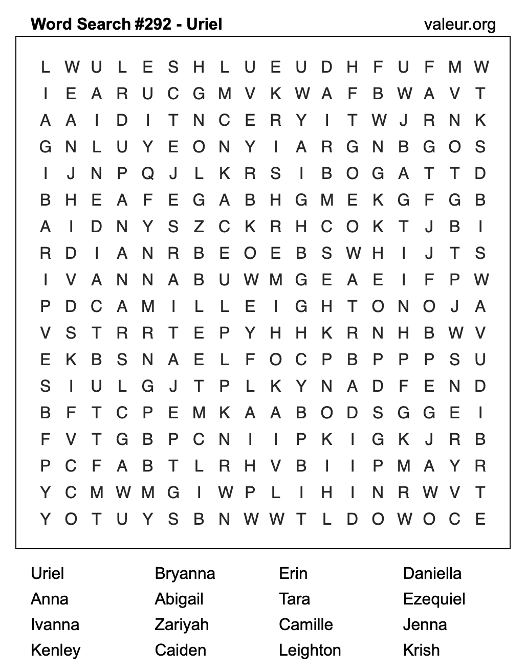 Word Search Puzzle with the name Uriel #292 Word Search Puzzle with the name Uriel #292