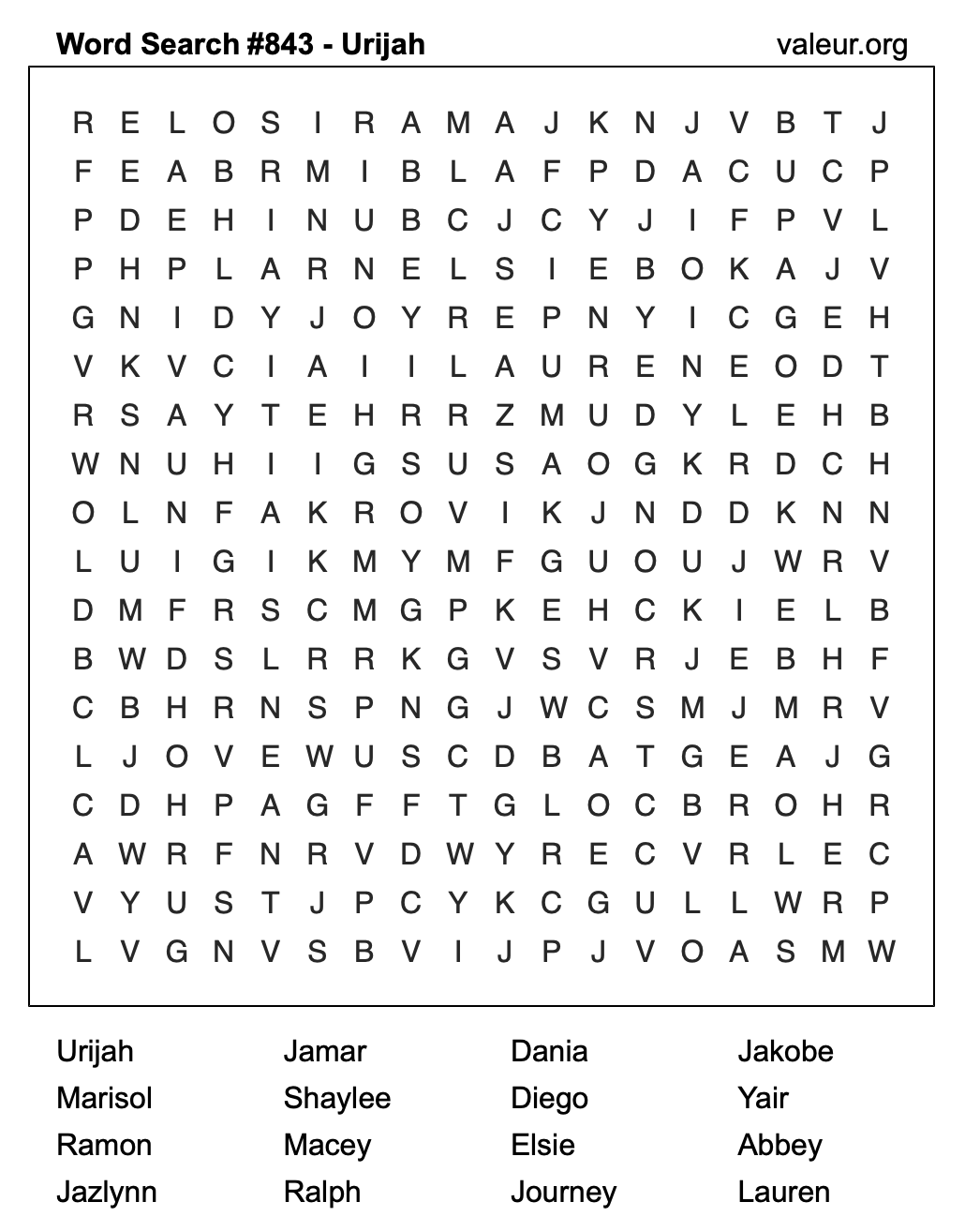 Word Search Puzzle with the name Urijah #843 Word Search Puzzle with the name Urijah #843