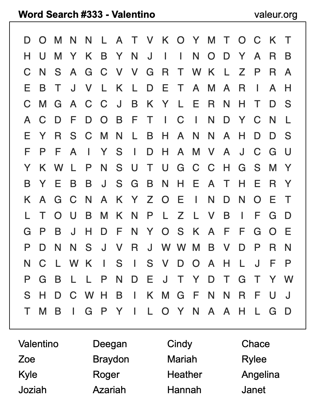 Word Search Puzzle with the name Valentino #333