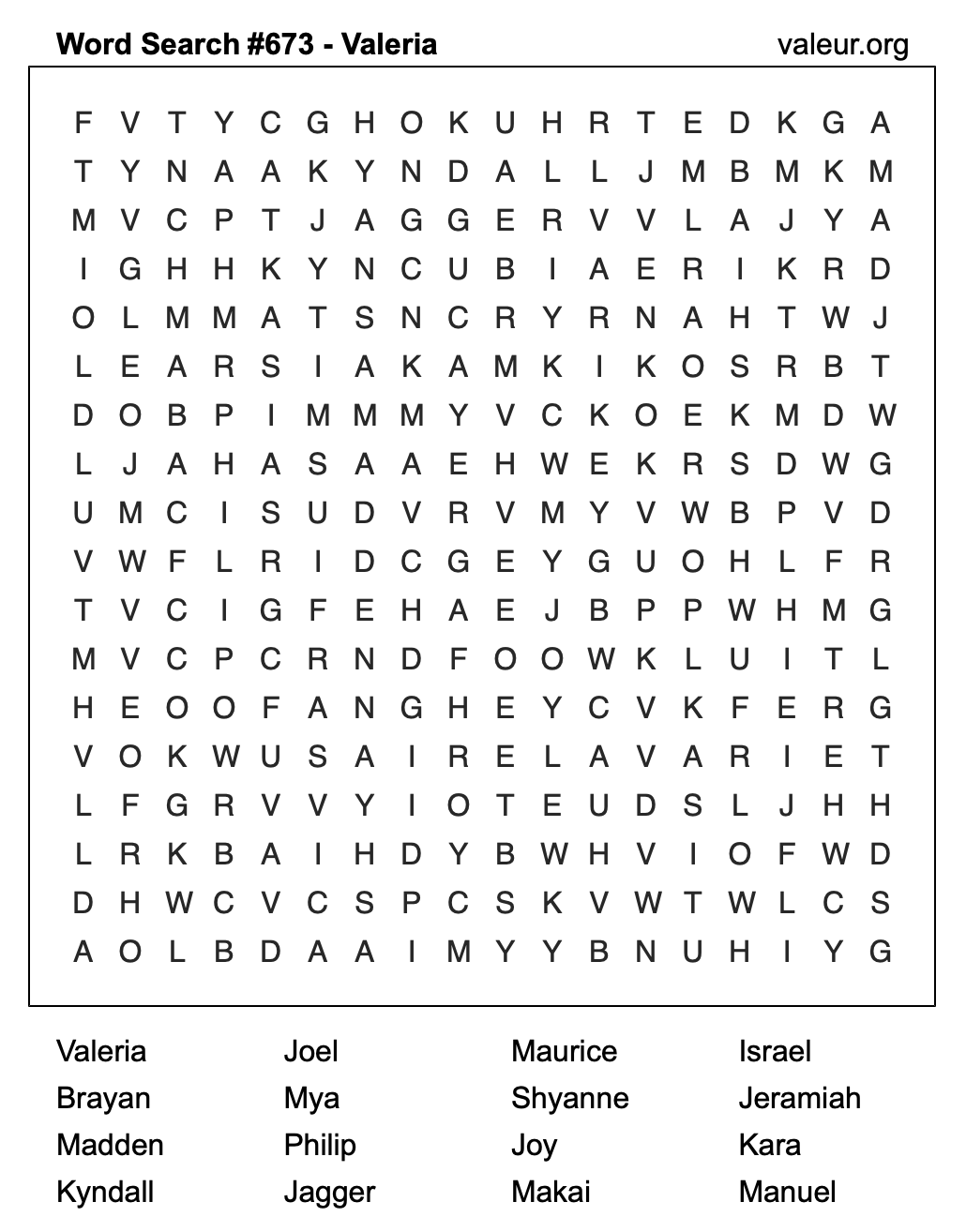 Word Search Puzzle with the name Valeria #673