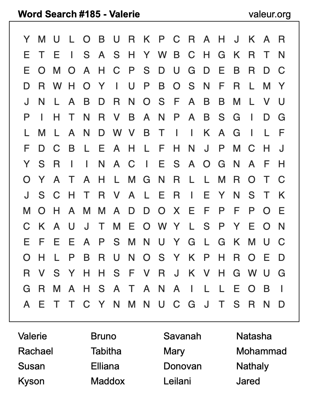 Word Search Puzzle with the name Valerie #185
