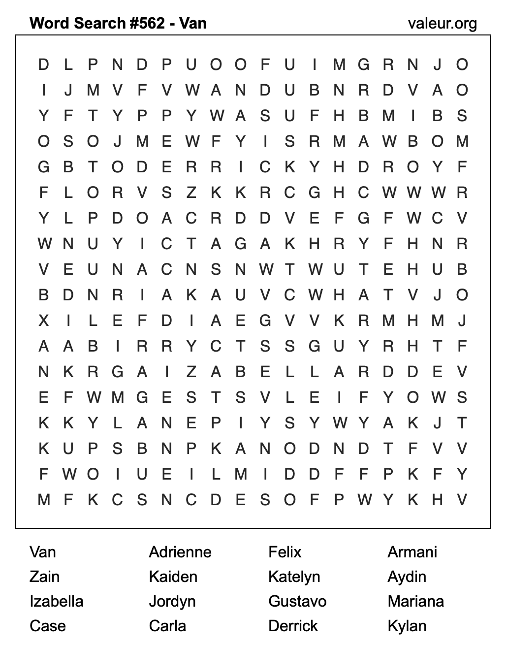 Word Search Puzzle with the name Van #562