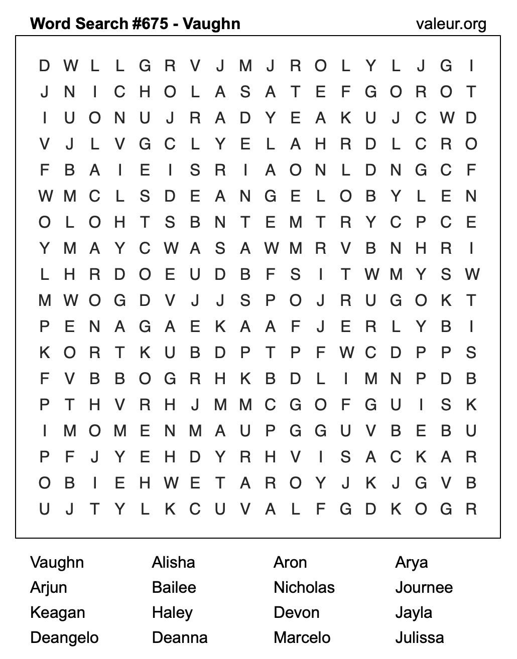Word Search Puzzle with the name Vaughn #675