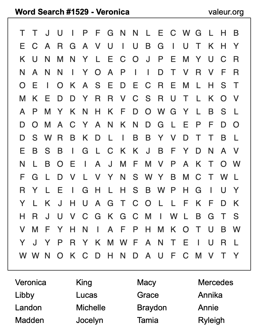Word Search Puzzle with the name Veronica #1529