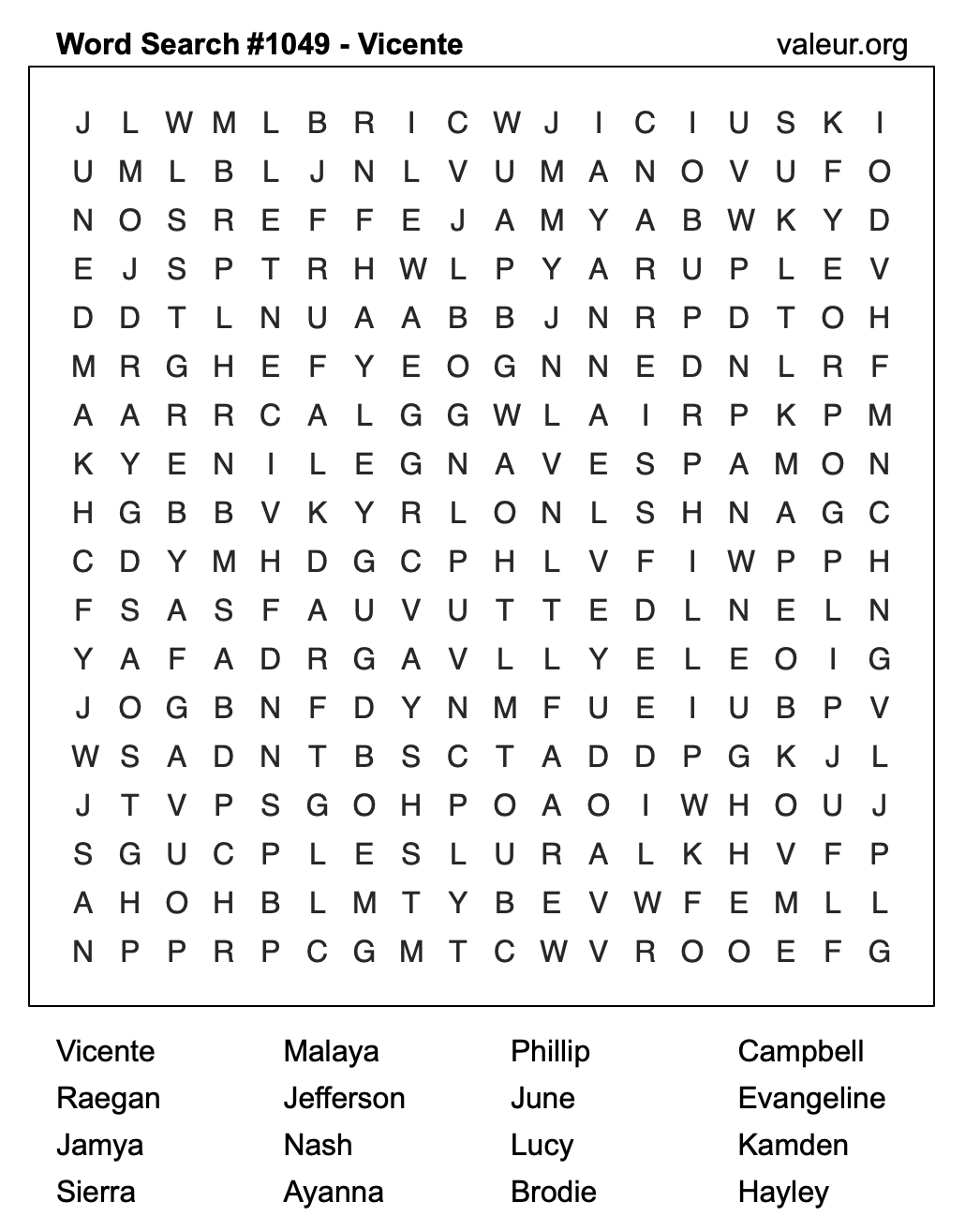 Word Search Puzzle with the name Vicente #1049
