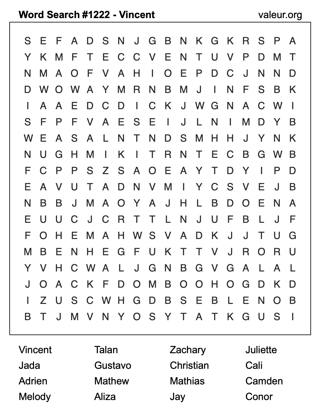 Word Search Puzzle with the name Vincent #1222