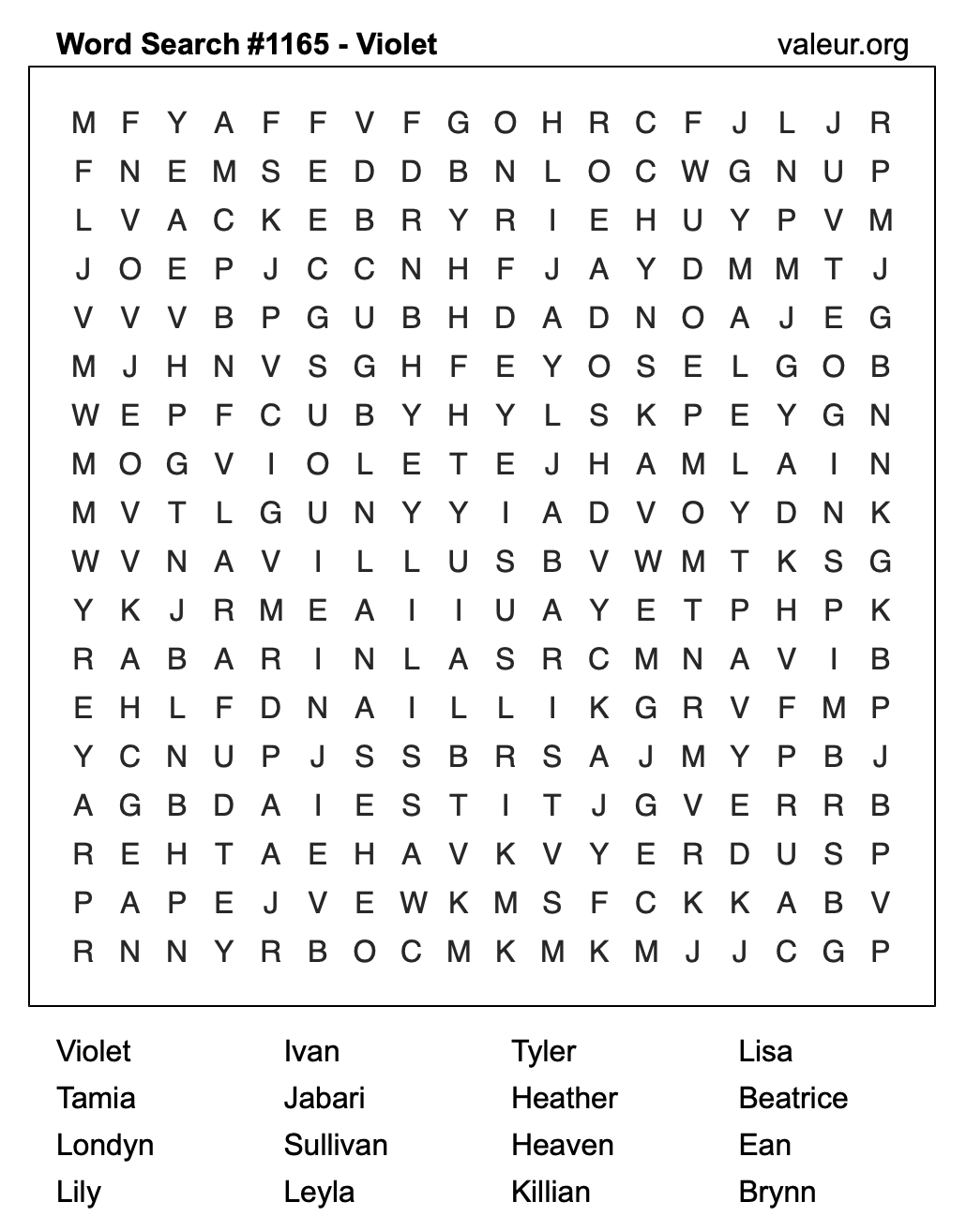 Word Search Puzzle with the name Violet #1165 Word Search Puzzle with the name Violet #1165