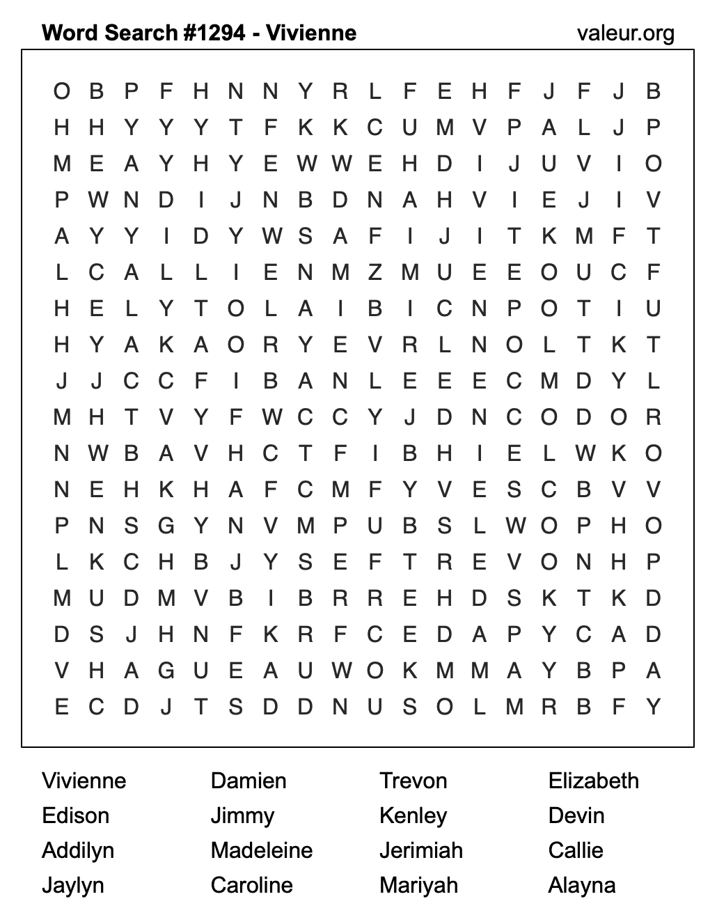 Word Search Puzzle with the name Vivienne #1294 Word Search Puzzle with the name Vivienne #1294