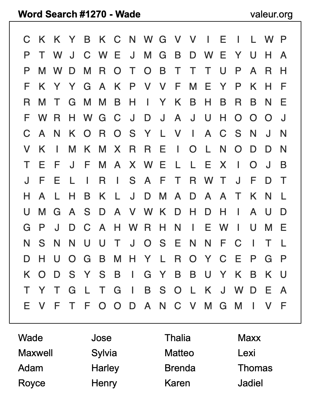 Word Search Puzzle with the name Wade #1270