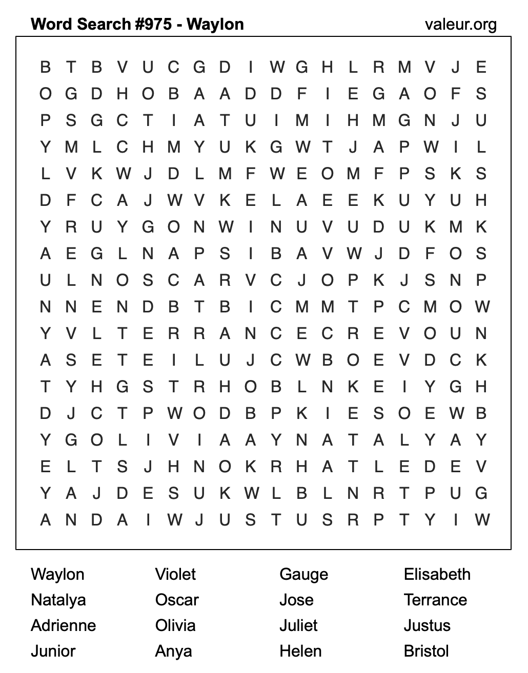 Word Search Puzzle with the name Waylon #975