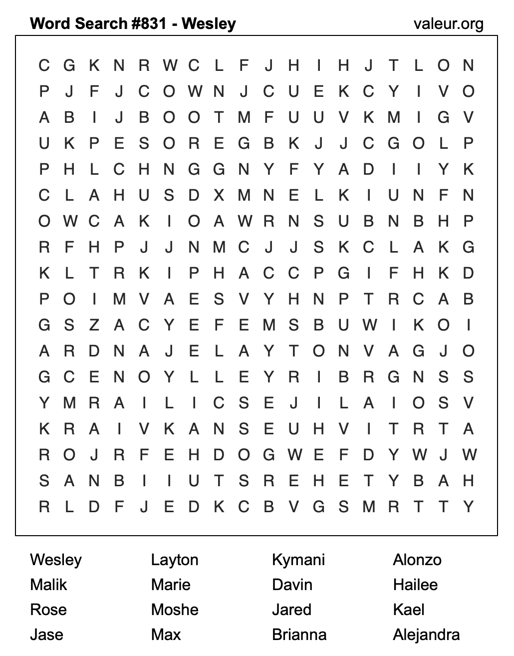 Word Search Puzzle with the name Wesley #831