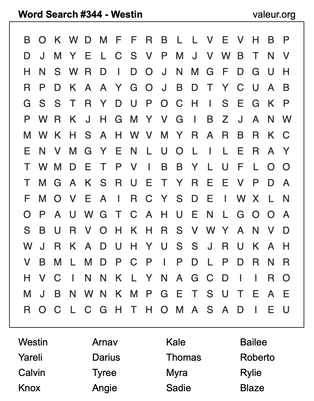 Word Search Puzzle with the name Westin #344