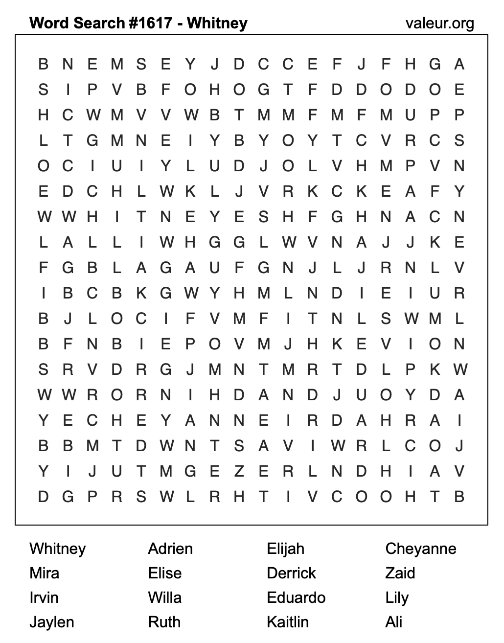 Word Search Puzzle with the name Whitney #1617 Word Search Puzzle with the name Whitney #1617