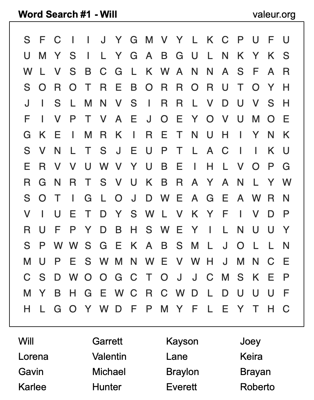 Word Search Puzzle with the name Will #1