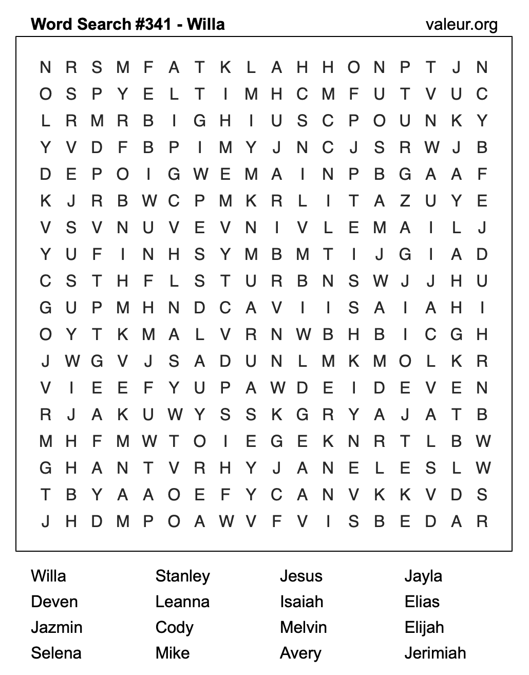 Word Search Puzzle with the name Willa #341