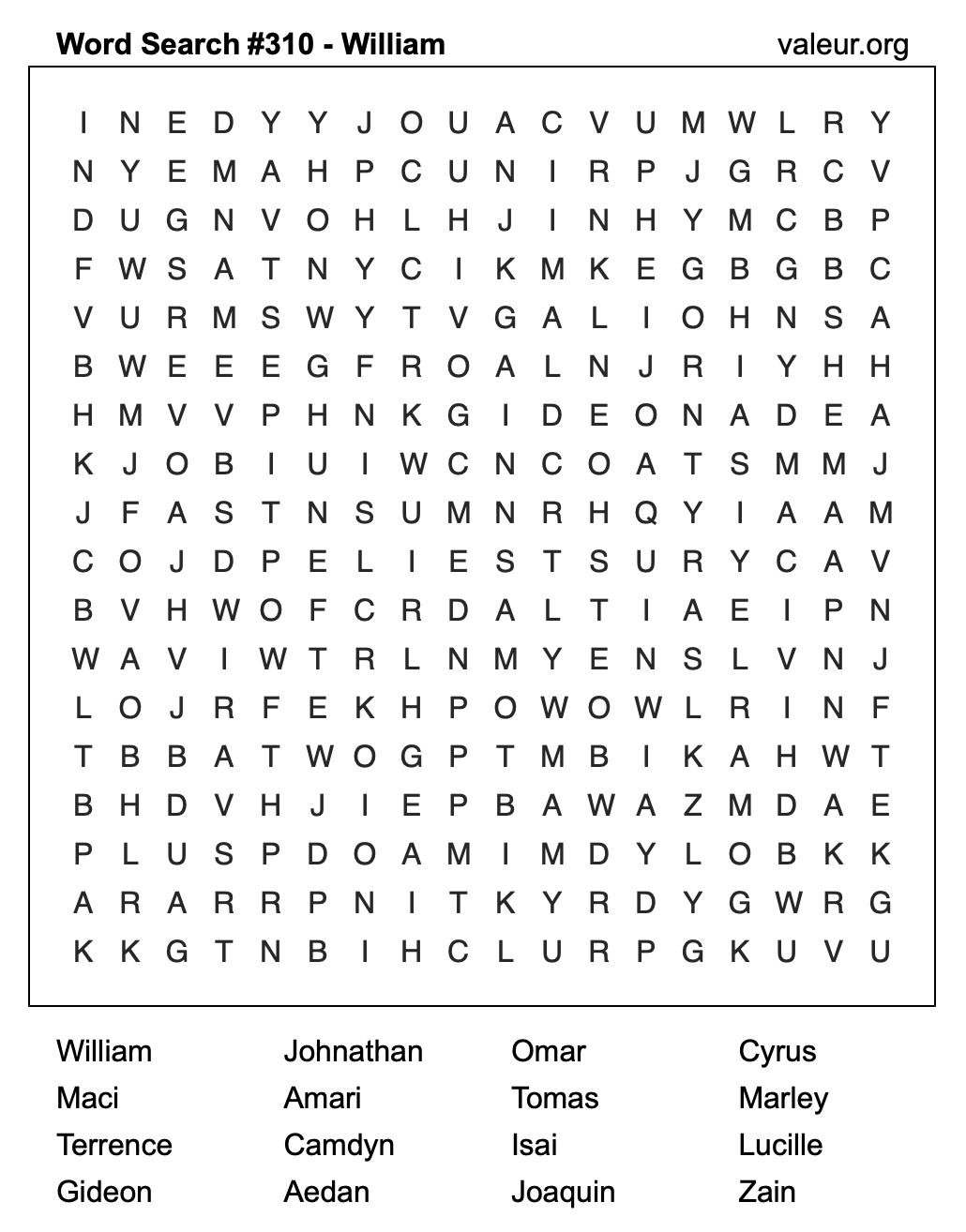 Word Search Puzzle with the name William #310