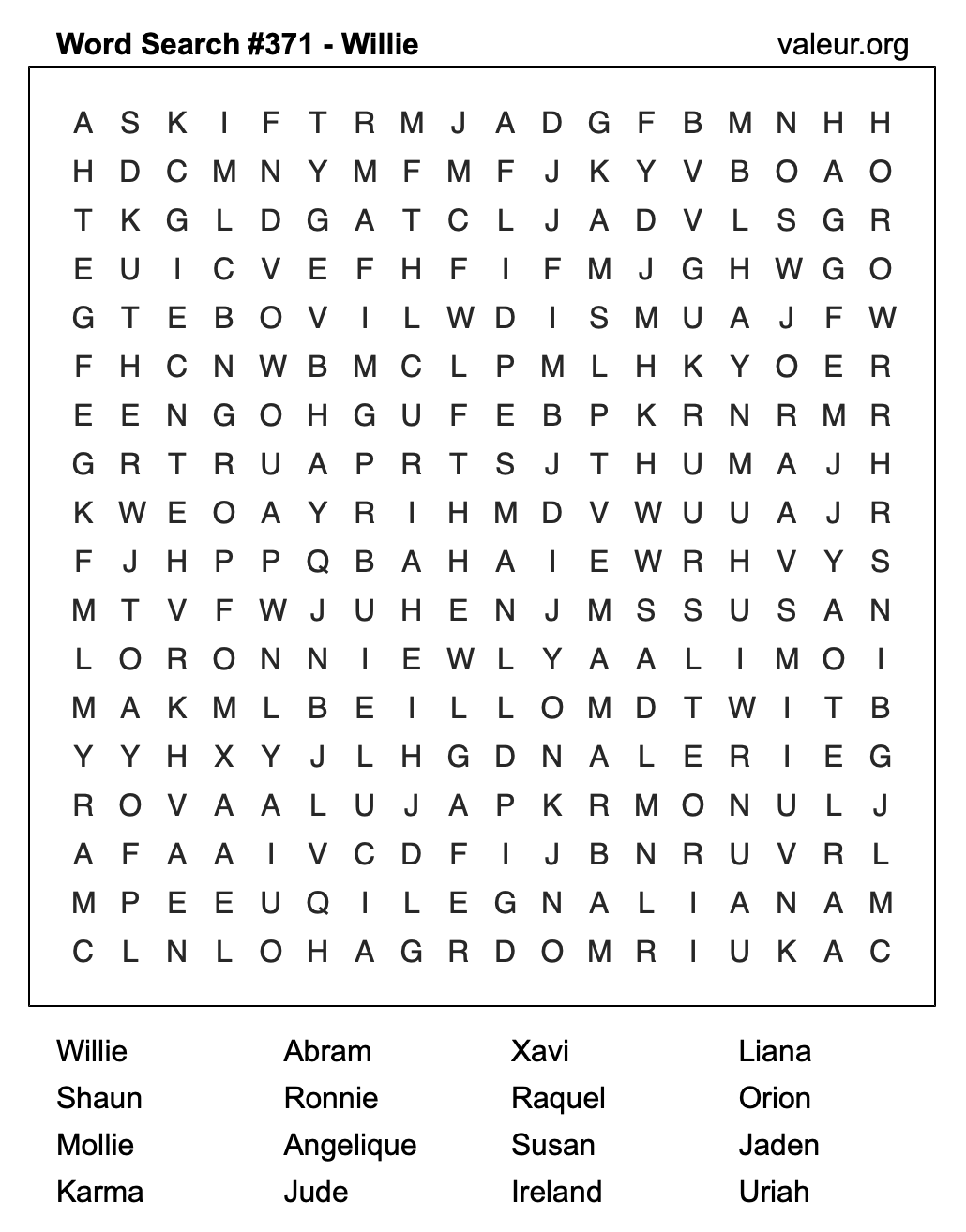 Word Search Puzzle with the name Willie #371 Word Search Puzzle with the name Willie #371