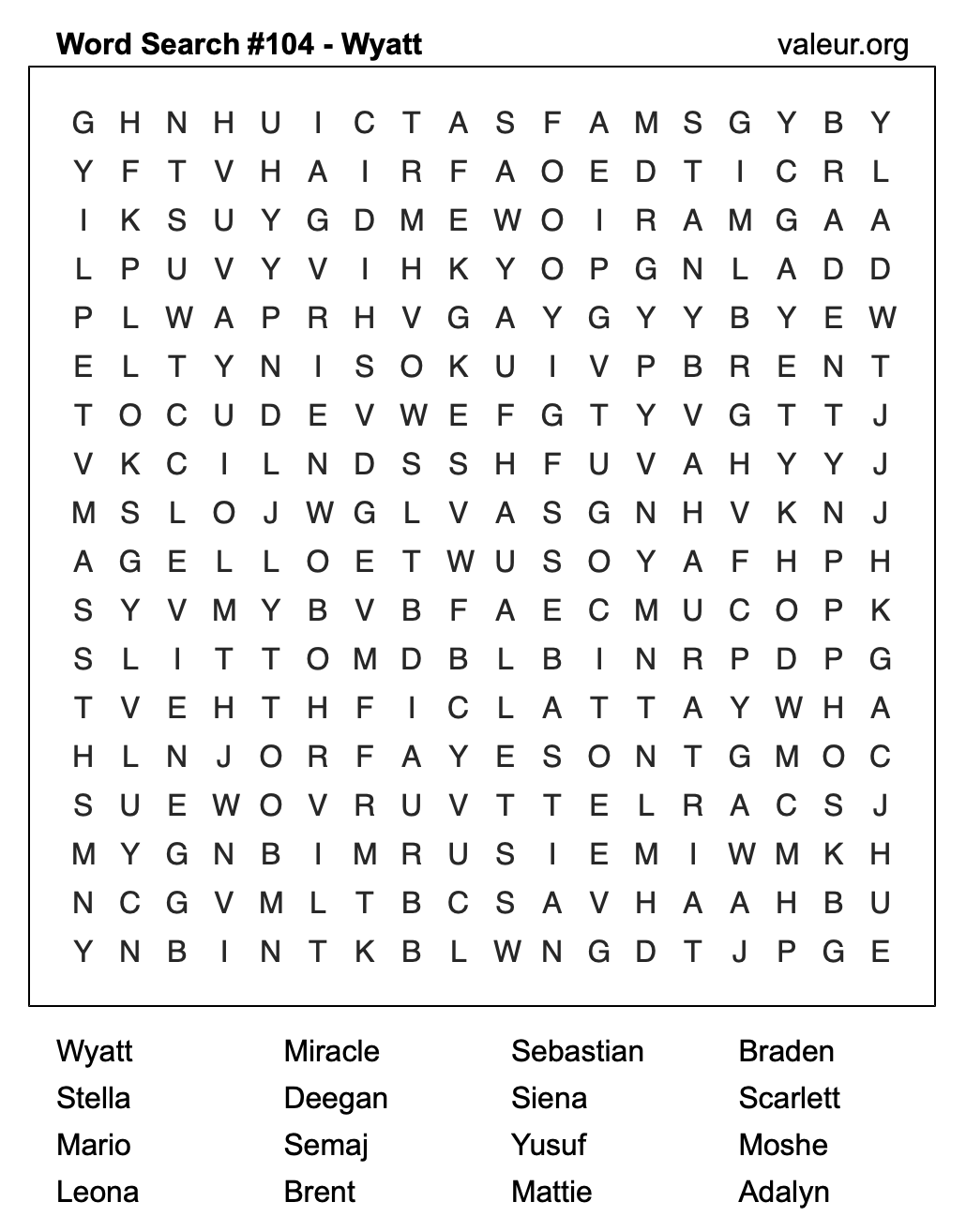 Word Search Puzzle with the name Wyatt #104