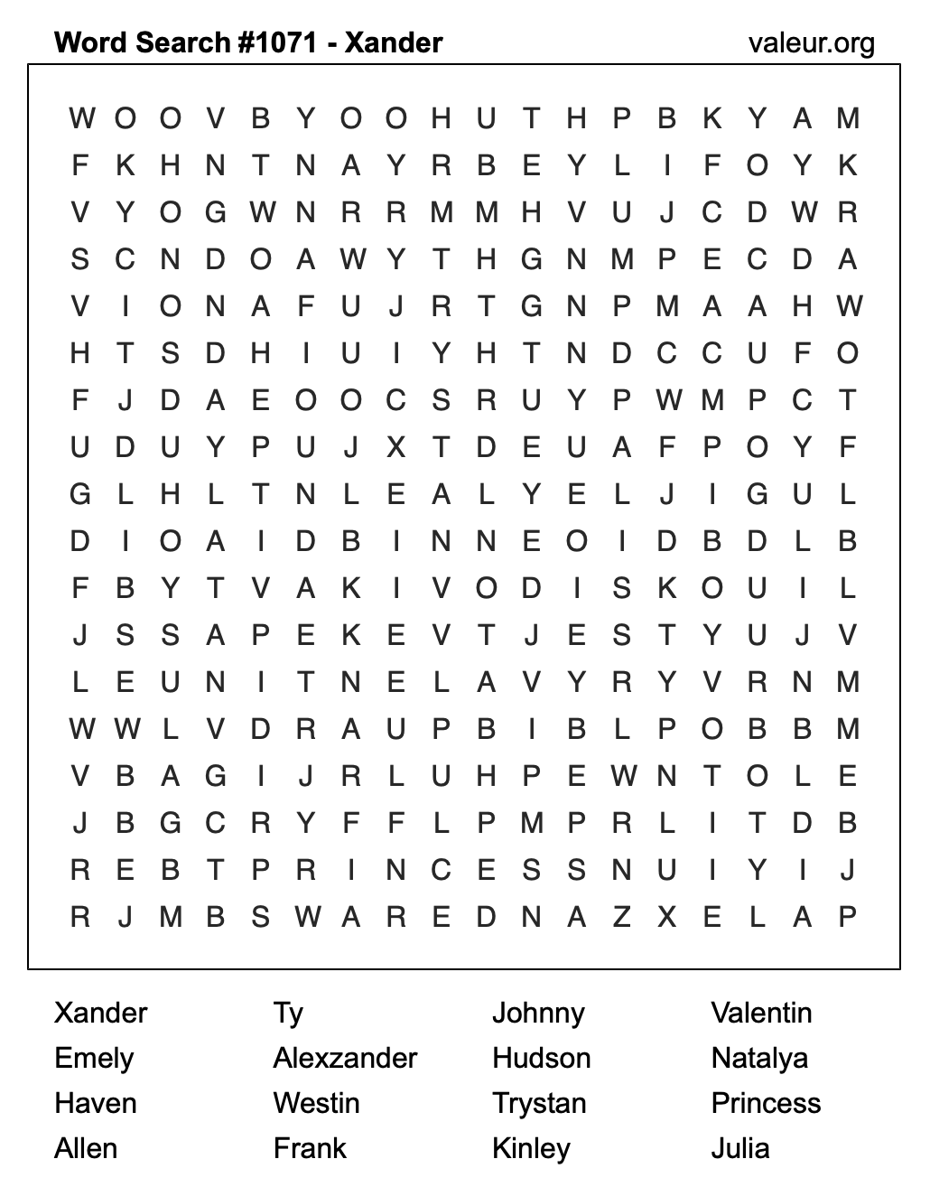Word Search Puzzle with the name Xander #1071