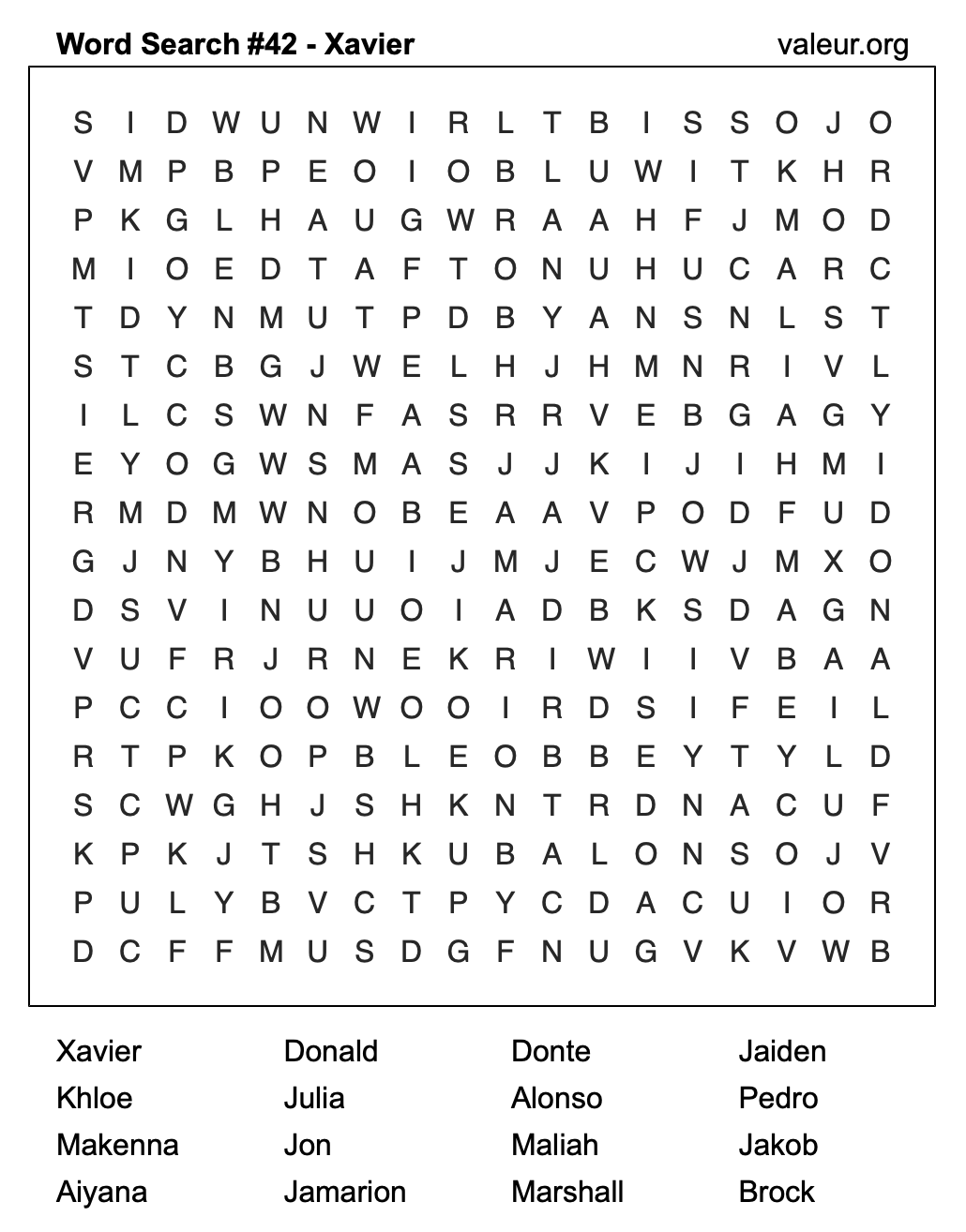 Word Search Puzzle with the name Xavier #42