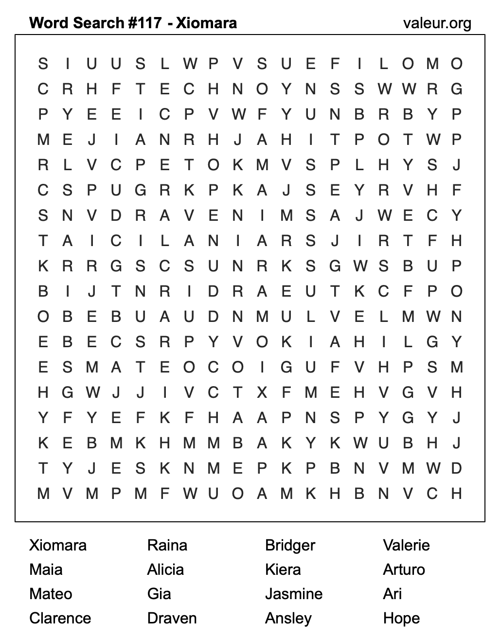 Word Search Puzzle with the name Xiomara #117