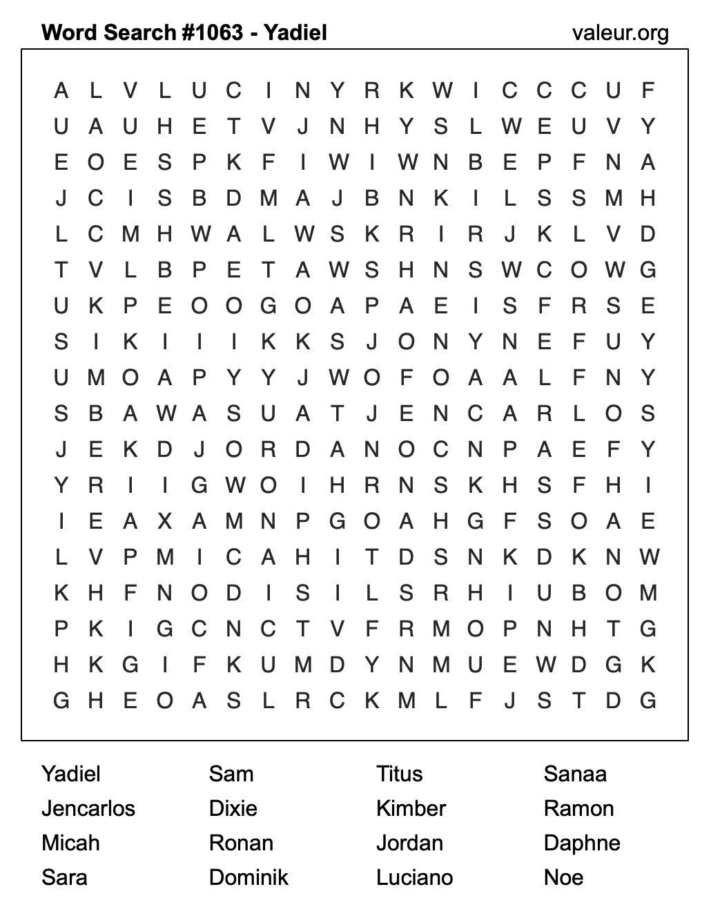 Word Search Puzzle with the name Yadiel #1063