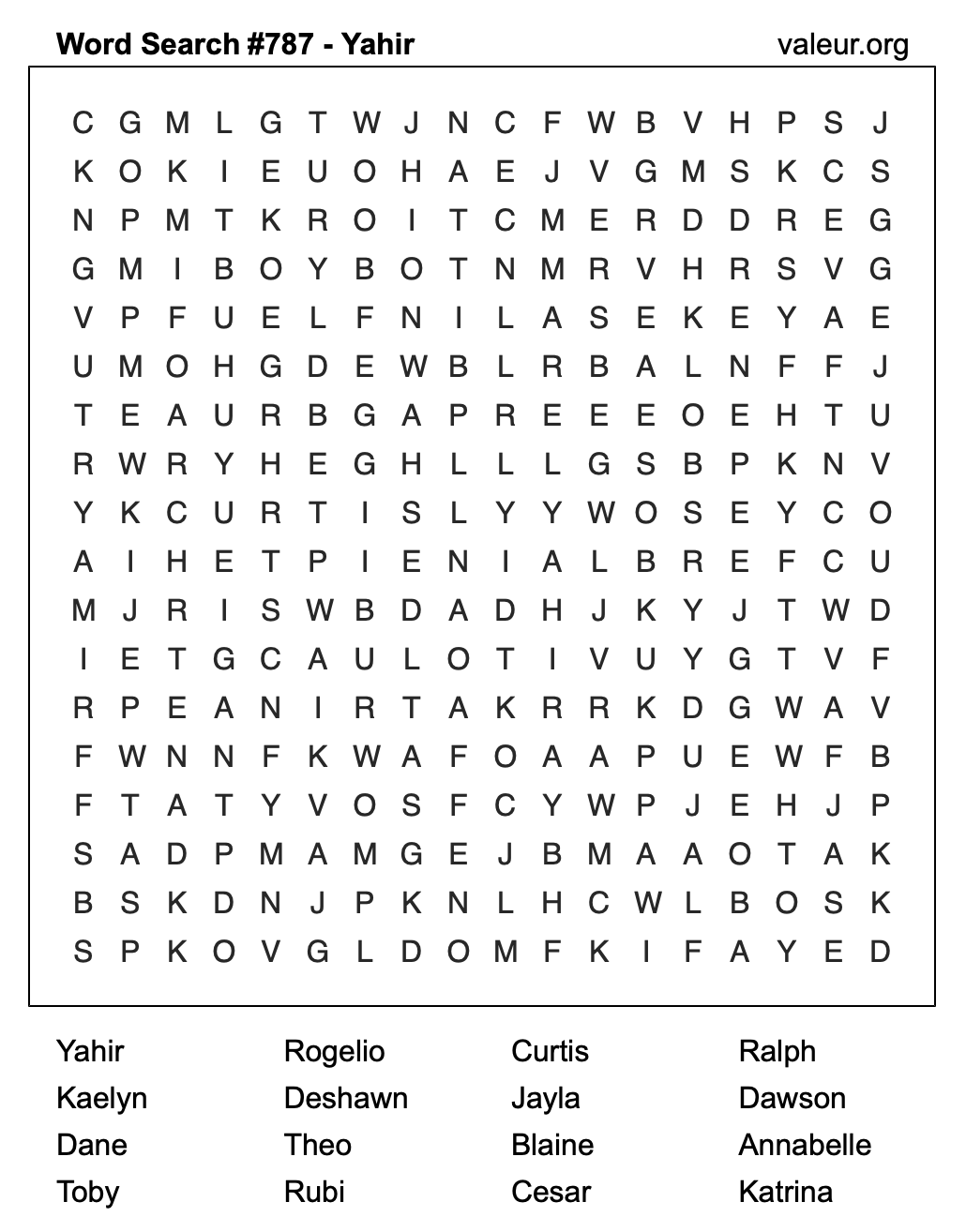 Word Search Puzzle with the name Yahir #787