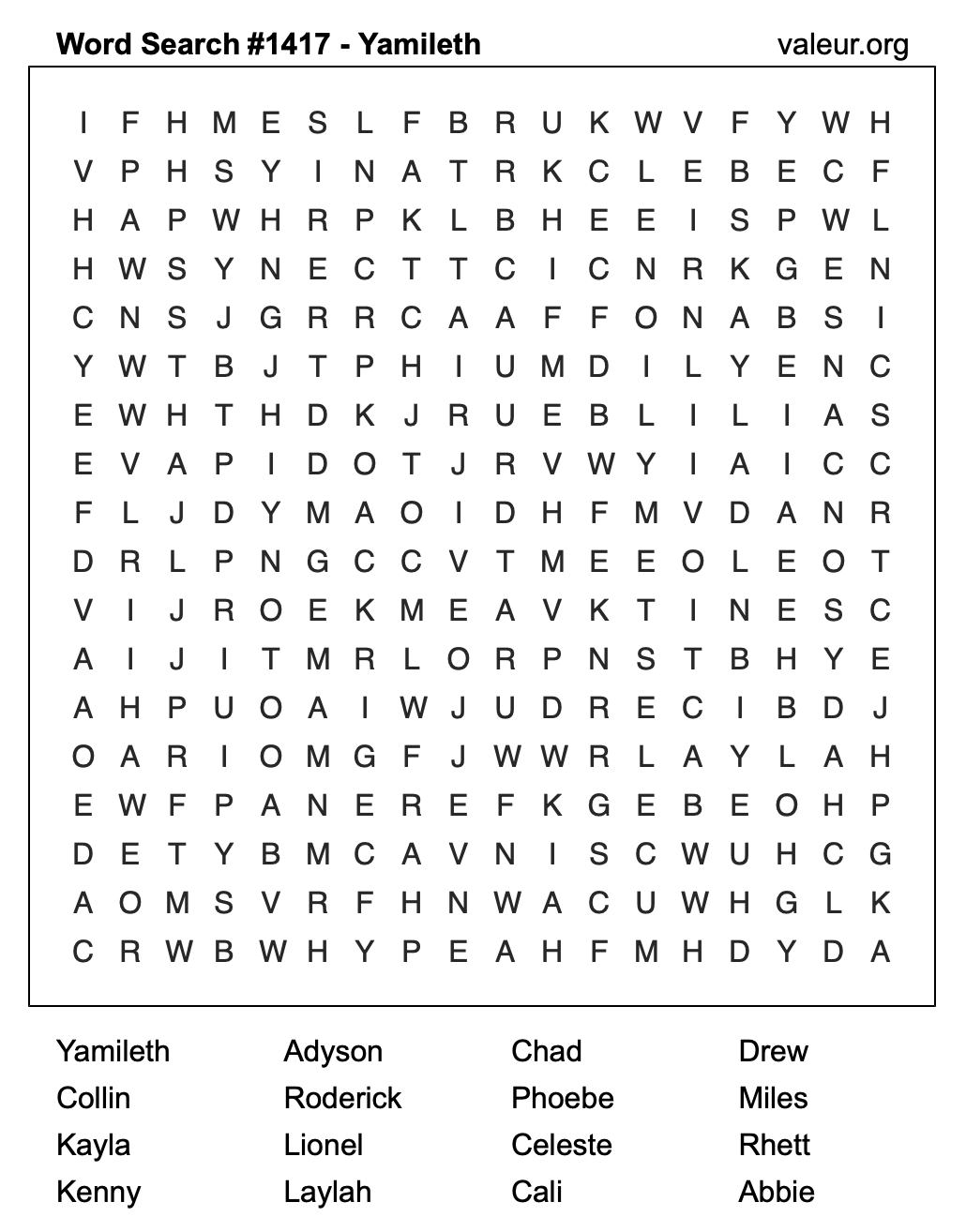 Word Search Puzzle with the name Yamileth #1417