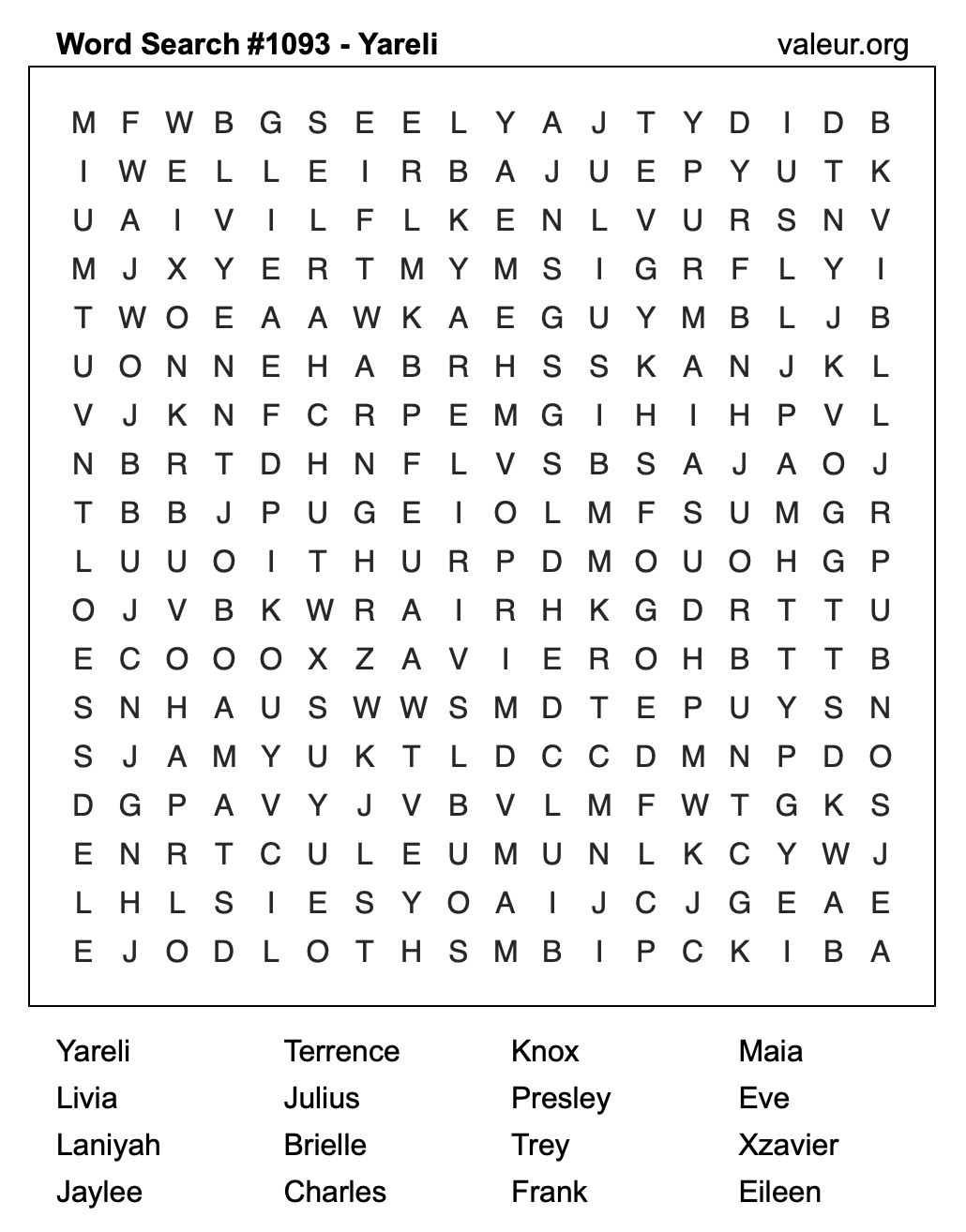 Word Search Puzzle with the name Yareli #1093