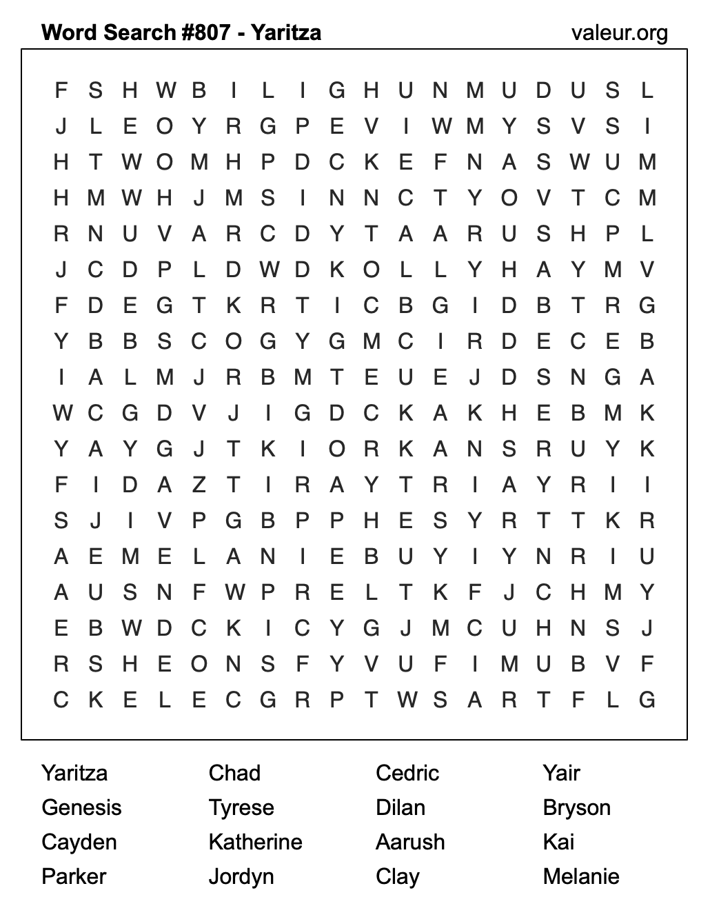 Word Search Puzzle with the name Yaritza #807
