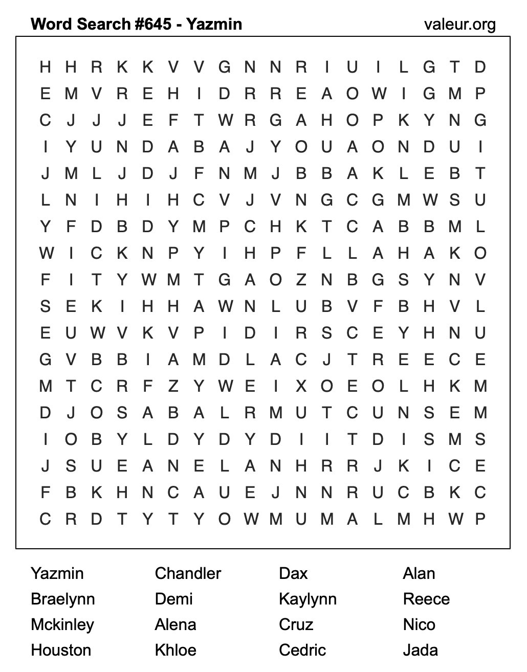 Word Search Puzzle with the name Yazmin #645