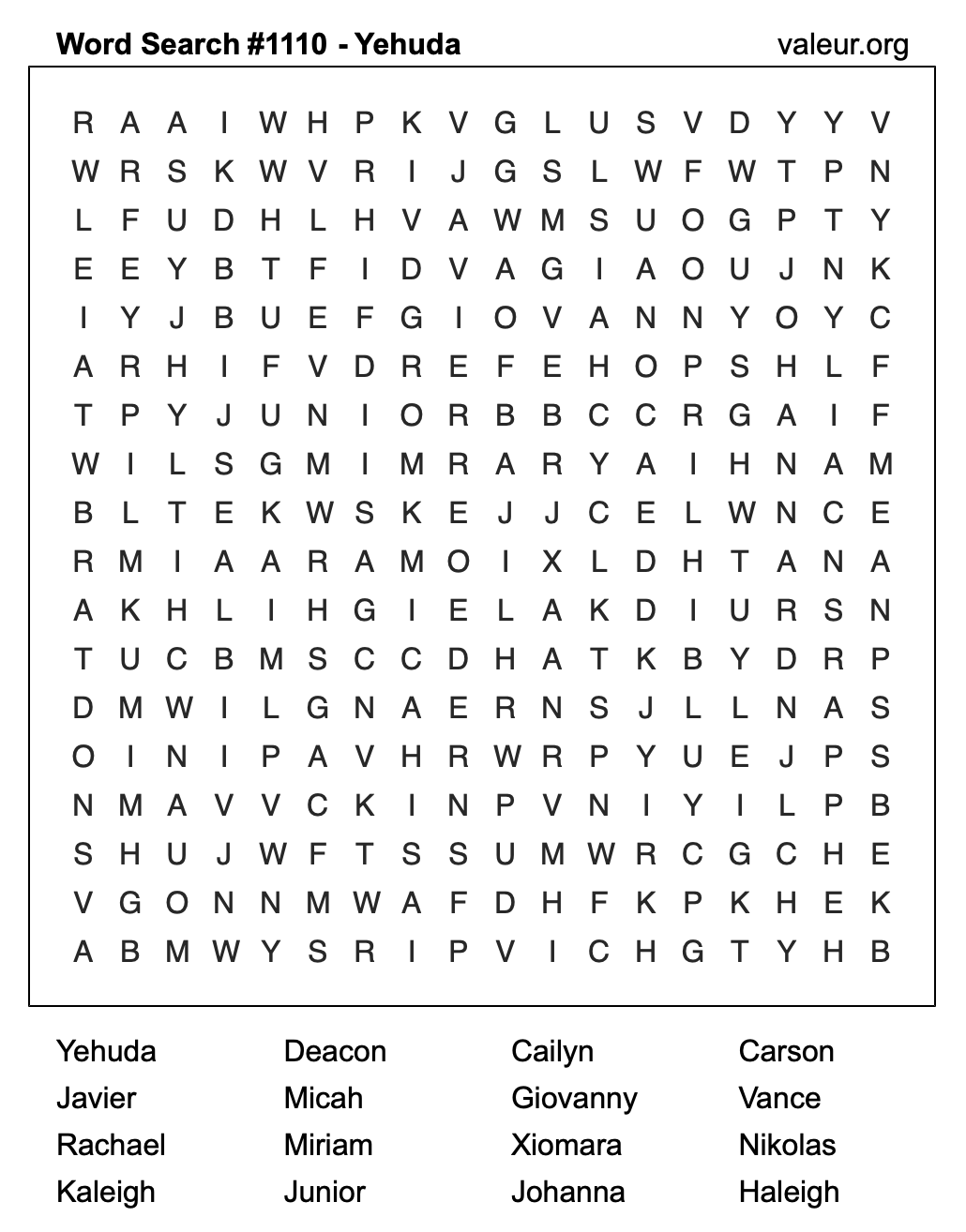 Word Search Puzzle with the name Yehuda #1110