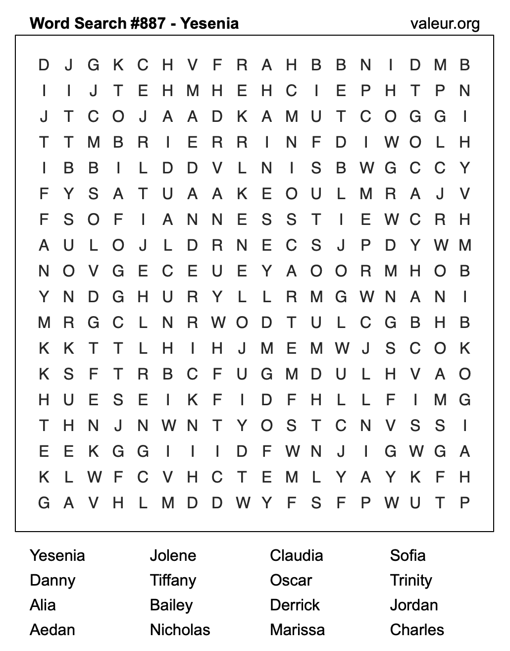 Word Search Puzzle with the name Yesenia #887