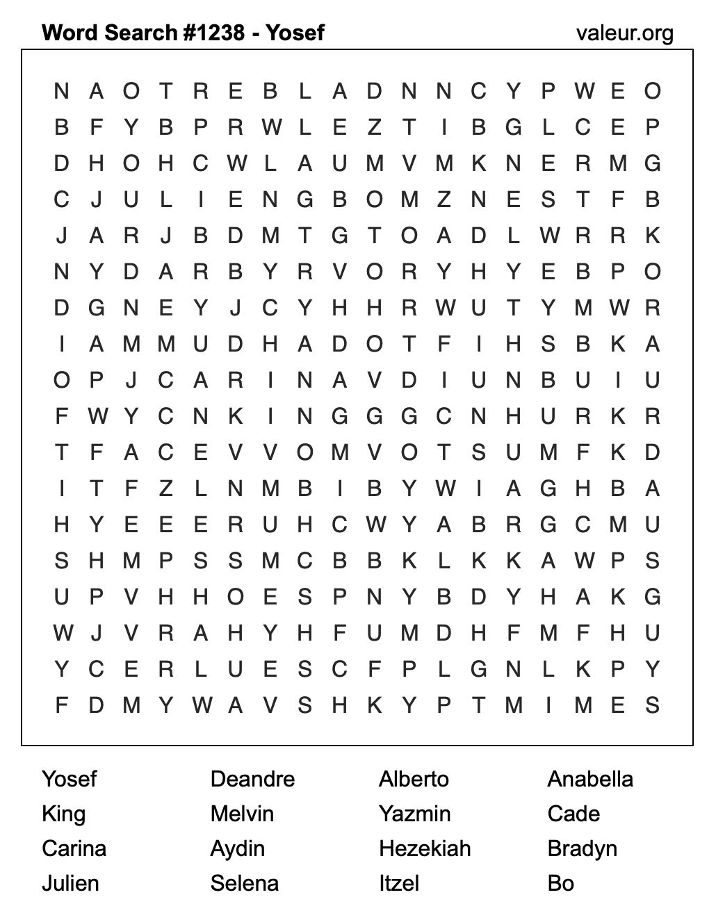 Word Search Puzzle with the name Yosef #1238
