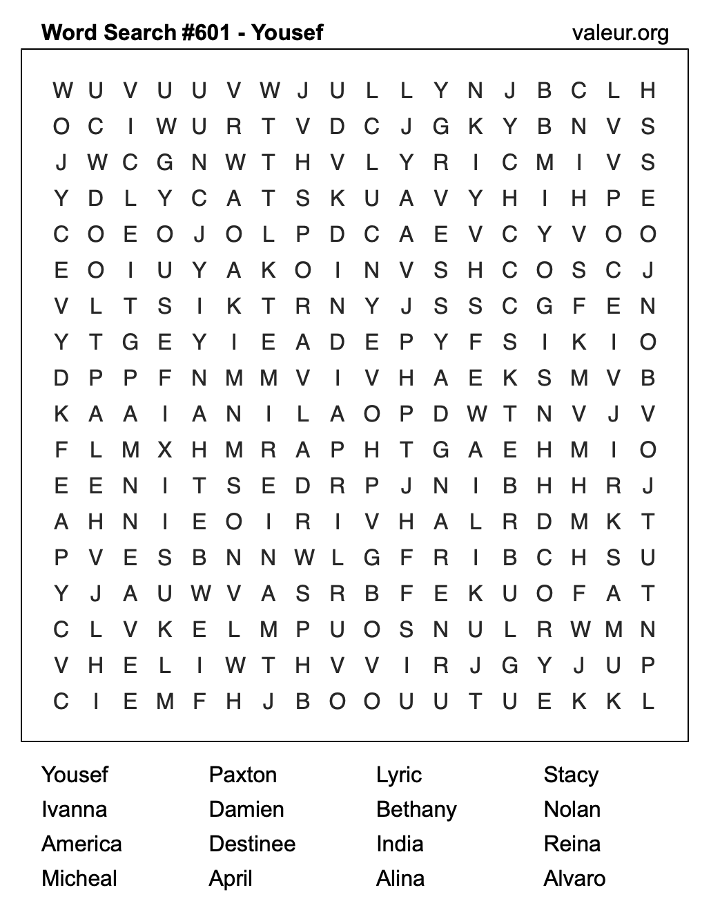 Word Search Puzzle with the name Yousef #601 Word Search Puzzle with the name Yousef #601