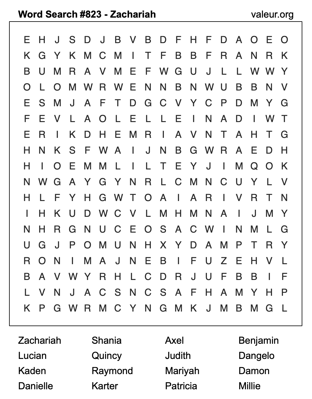 Word Search Puzzle with the name Zachariah #823