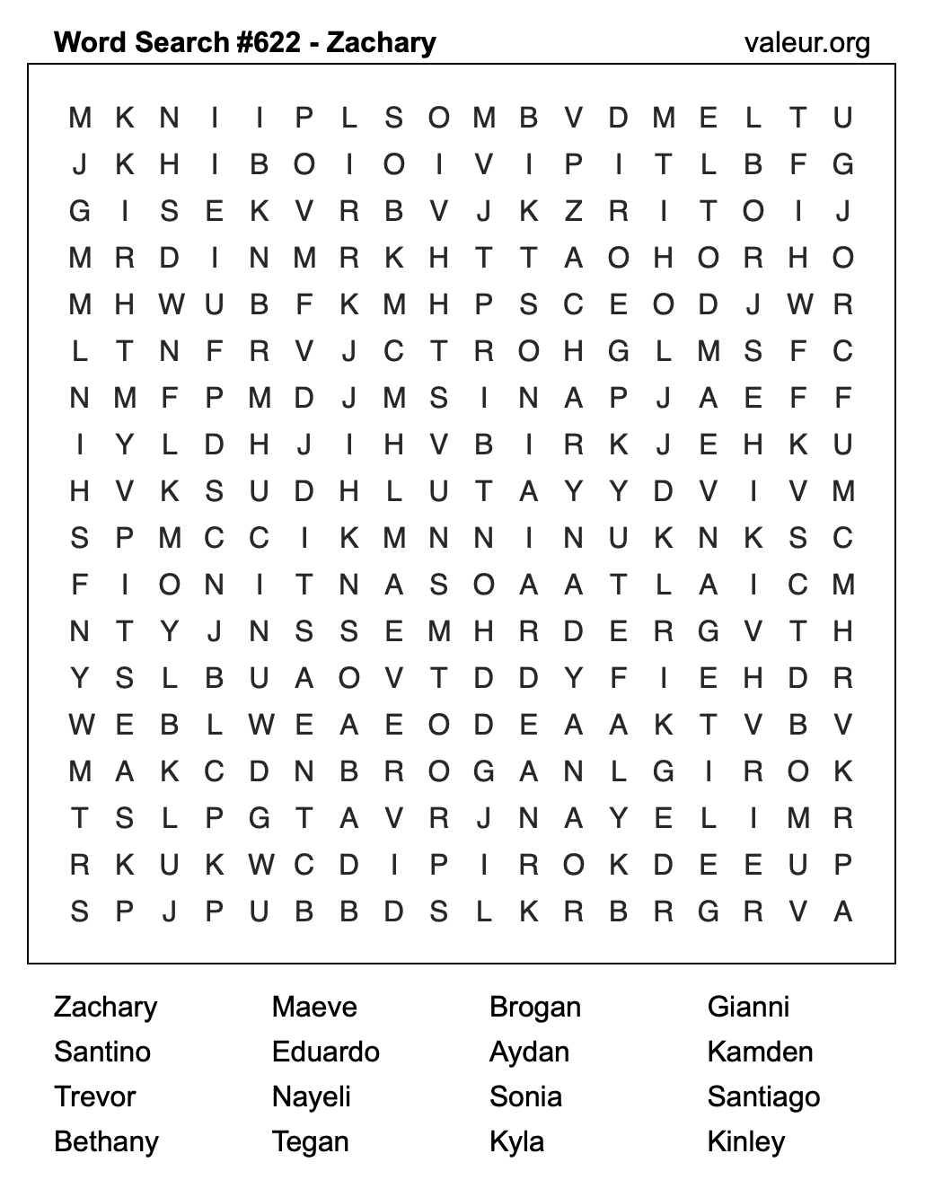 Word Search Puzzle with the name Zachary #622