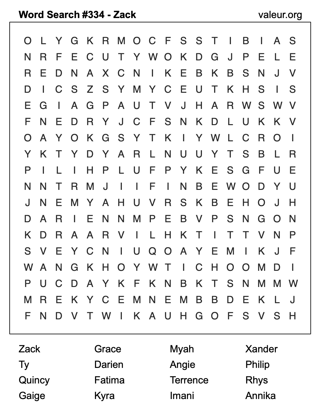 Word Search Puzzle with the name Zack #334