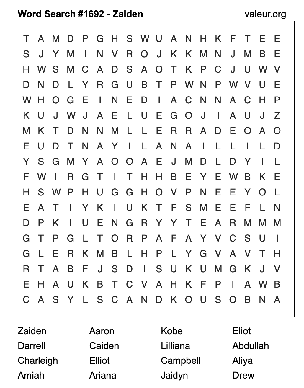 Word Search Puzzle with the name Zaiden #1692 Word Search Puzzle with the name Zaiden #1692
