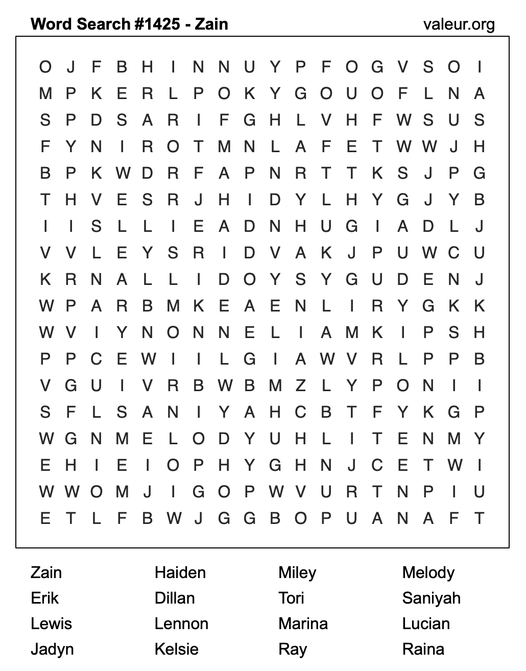 Word Search Puzzle with the name Zain #1425