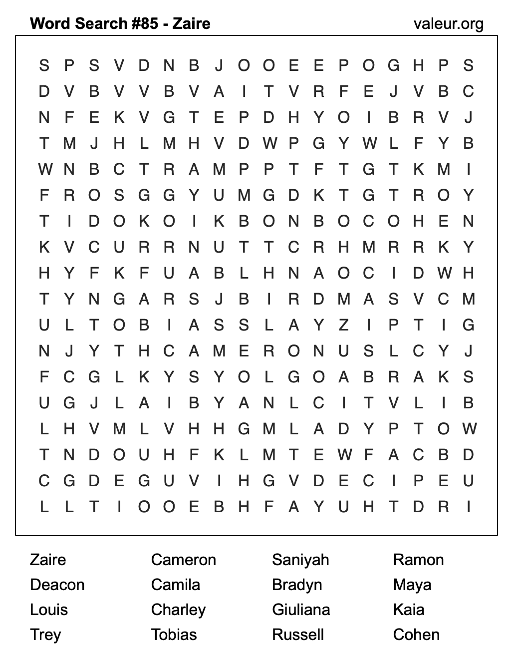Word Search Puzzle with the name Zaire #85 Word Search Puzzle with the name Zaire #85