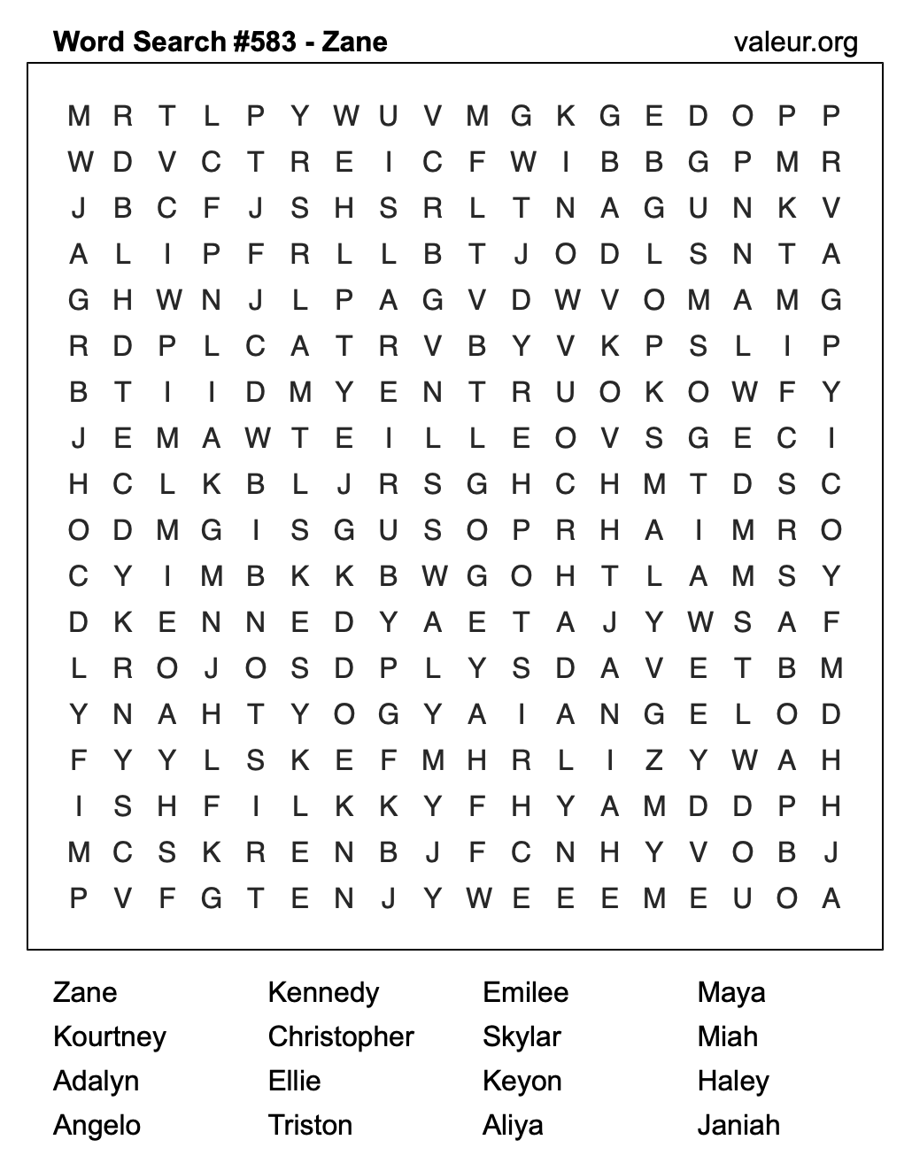 Word Search Puzzle with the name Zane #583 Word Search Puzzle with the name Zane #583