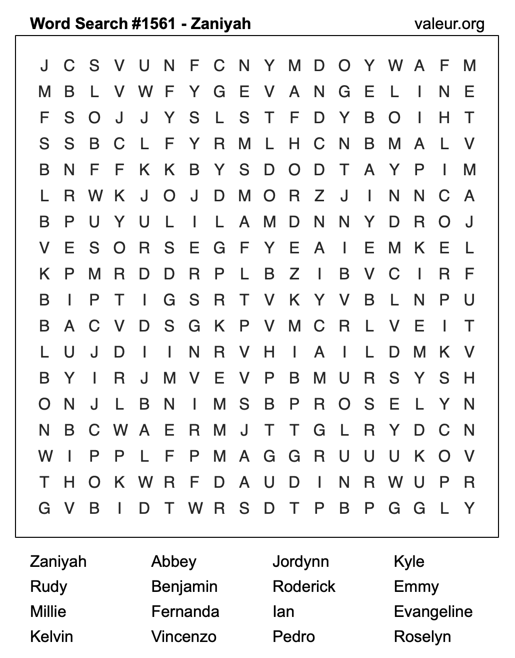 Word Search Puzzle with the name Zaniyah #1561