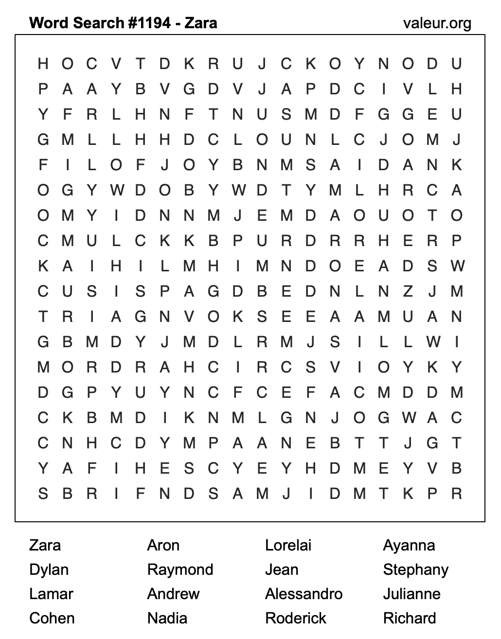 Word Search Puzzle with the name Zara #1194 Word Search Puzzle with the name Zara #1194